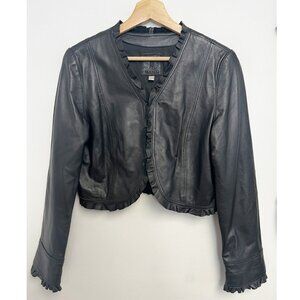 Tristan Black Genuine Leather Jacket Ruffle Trim Sz L